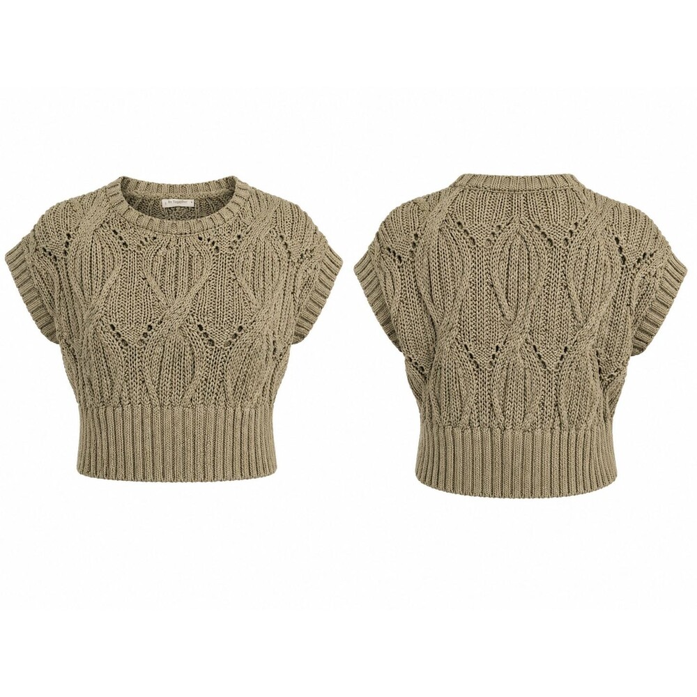 By Together Sage Green Knit Sweater Top Cable Knit Short Sleeve Cropped Small